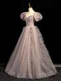 Lovely Short Sleeve Floor Length Prom Dress, Khaki A-Line Beaded Evening Party Dress HZ0429