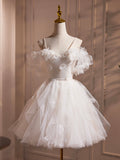 Ivory Spaghetti Strap Tulle Short Prom Dress, Lovely A-Line Evening Party Dress HZ0429