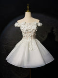 White Flowers Lace Short Prom Dress, Lovely A-Line Evening Party Dress HZ0429