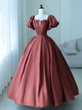 Elegant Satin Pleated Long Prom Dress, A-Line Short Sleeve Evening Party Dress HZ0429