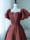 Elegant Satin Pleated Long Prom Dress, A-Line Short Sleeve Evening Party Dress HZ0429
