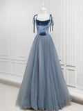 A-Line Velvet Tulle Long Prom Dress, Gray Blue Spaghetti Strap Evening Party Dress HZ0429