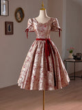 A-Line Floral Satin Short Prom Dress, Cute Short Sleeve Evening Homecoming Dress HZ0429