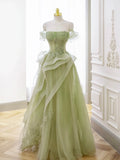 Green Tulle Long Floor Length Prom Dress, Beautiful A-Line Evening Party Dress with Lace HZ0429