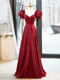 Elegant Burgundy Satin Long Prom Dress with Beaded, Burgundy Short Sleeve Evening Dress HZ0429