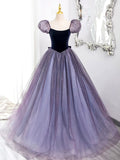 Purple Tulle and Velvet Floor Length Prom Dress, Beautiful A-Line Short Sleeve Party Dress HZ0429