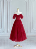 Black V-neck Spaghetti Strap Tea Length Prom Dress, Cute A-Line Evening Party Dress HZ0429