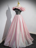 A-Line Shiny Tulle Long Pink Corset Prom Dress, Off the Shoulder Pink Evening Dress HZ0429