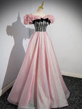 A-Line Shiny Tulle Long Pink Corset Prom Dress, Off the Shoulder Pink Evening Dress HZ0429