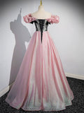 A-Line Shiny Tulle Long Pink Corset Prom Dress, Off the Shoulder Pink Evening Dress HZ0429