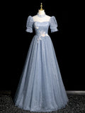 Gray Tulle Floor Length Prom Dress, Pretty A-Line Short Sleeve Evening Party Dress HZ0429