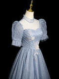 Gray Tulle Floor Length Prom Dress, Pretty A-Line Short Sleeve Evening Party Dress HZ0429