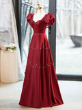 Elegant Burgundy Satin Long Prom Dress with Beaded, Burgundy Short Sleeve Evening Dress HZ0429