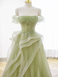 Green Tulle Long Floor Length Prom Dress, Beautiful A-Line Evening Party Dress with Lace HZ0429