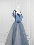 A-Line Velvet Tulle Long Prom Dress, Gray Blue Spaghetti Strap Evening Party Dress HZ0429