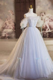 A-Line Tulle Floor Length Prom Dress, Off the Shoulder Blue Evening Party Dress HZ0429