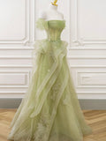 Green Tulle Long Floor Length Prom Dress, Beautiful A-Line Evening Party Dress with Lace HZ0429
