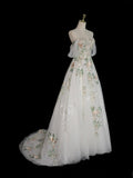 A-Line Tulle Floral Lace Long Prom Dress, White Off the Shoulder Evening Party Dress HZ0429