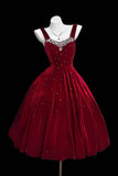 Burgundy Velvet Prom Dress with Crystal Trim Tea Length Party Dress HZ0429