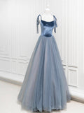A-Line Velvet Tulle Long Prom Dress, Gray Blue Spaghetti Strap Evening Party Dress HZ0429