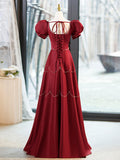 Elegant Burgundy Satin Long Prom Dress with Beaded, Burgundy Short Sleeve Evening Dress HZ0429