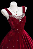 Burgundy Velvet Prom Dress with Crystal Trim Tea Length Party Dress HZ0429