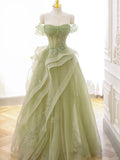 Green Tulle Long Floor Length Prom Dress, Beautiful A-Line Evening Party Dress with Lace HZ0429