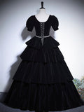 Black Velvet Floor Length Prom Dress, Elegant Short Sleeve Formal Evening Dress HZ0429