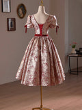 A-Line Floral Satin Short Prom Dress, Cute Short Sleeve Evening Homecoming Dress HZ0429