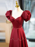 Elegant Burgundy Satin Long Prom Dress with Beaded, Burgundy Short Sleeve Evening Dress HZ0429