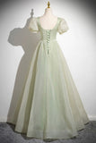 Lovely Tulle Long Prom Dress, A-Line Short Sleeve Evening Party Dress HZ0429