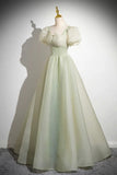 Lovely Tulle Long Prom Dress, A-Line Short Sleeve Evening Party Dress HZ0429