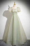 Lovely Tulle Long Prom Dress, A-Line Short Sleeve Evening Party Dress HZ0429
