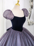 Purple Tulle and Velvet Floor Length Prom Dress, Beautiful A-Line Short Sleeve Party Dress HZ0429