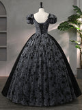Beautiful Black Rhinestone Flower Prom Dress, Black V-Neck Short Sleeve Evening Dress HZ0429