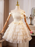 Champagne Lace Layer Knee Length Prom Dress, Off the Shoulder Evening Party Dress HZ0429