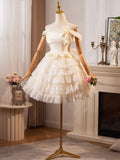 Champagne Lace Layer Knee Length Prom Dress, Off the Shoulder Evening Party Dress HZ0429