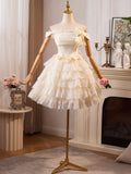 Champagne Lace Layer Knee Length Prom Dress, Off the Shoulder Evening Party Dress HZ0429