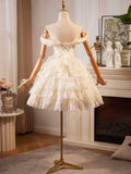 Champagne Lace Layer Knee Length Prom Dress, Off the Shoulder Evening Party Dress HZ0429
