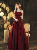 Burgundy Satin Beaded Long Prom Dress, Beautiful A-Line Evening Party Dress HZ0429