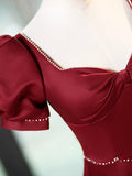 Elegant Burgundy Satin Long Prom Dress with Beaded, Burgundy Short Sleeve Evening Dress HZ0429