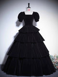 Black Velvet Floor Length Prom Dress, Elegant Short Sleeve Formal Evening Dress HZ0429