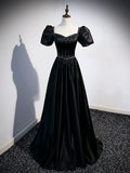 Black Satin Beaded Floor Length Prom Dress, Black A-Line Short Sleeve Evening Dress HZ0429