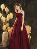 Burgundy Satin Beaded Long Prom Dress, Beautiful A-Line Evening Party Dress HZ0429