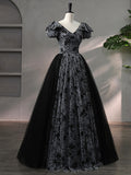 Beautiful Black Rhinestone Flower Prom Dress, Black V-Neck Short Sleeve Evening Dress HZ0429