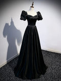 Black Satin Beaded Floor Length Prom Dress, Black A-Line Short Sleeve Evening Dress HZ0429