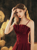 Burgundy Satin Beaded Long Prom Dress, Beautiful A-Line Evening Party Dress HZ0429