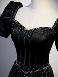 Black Satin Beaded Floor Length Prom Dress, Black A-Line Short Sleeve Evening Dress HZ0429