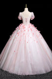 Pink Fairy Tulle and Flowers Long Prom Dress, Beautiful Short Sleeve Party Dress HZ0429
