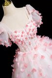 Pink Fairy Tulle and Flowers Long Prom Dress, Beautiful Short Sleeve Party Dress HZ0429